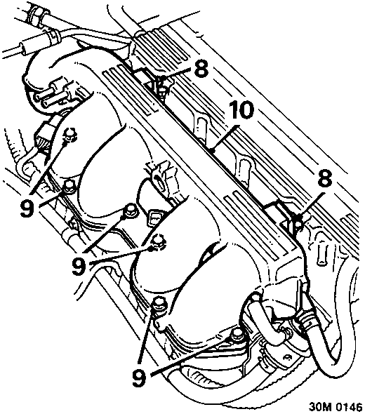 Diagram of inlet manifold chamber showing numbered bolts and brackets (30M 0146)