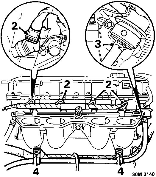 Diagram of inlet manifold showing injector multiplugs, fuel return hose, and harness clips (30M 0140)