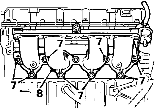 Diagram showing inlet manifold bolts and nuts with callout numbers 7 and 8