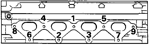 Diagram showing inlet manifold positioning sequence on cylinder head with callout numbers 1 through 9