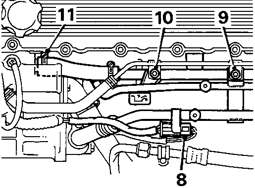Diagram showing engine components including oxygen sensor and air conditioning pipe bracket with callout numbers 8, 9, 10, 11