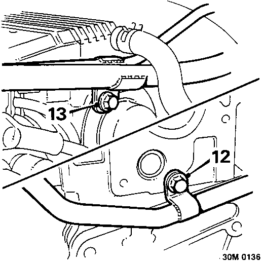 Diagram showing the coolant rail and dipstick tube area with callout numbers 12 and 13