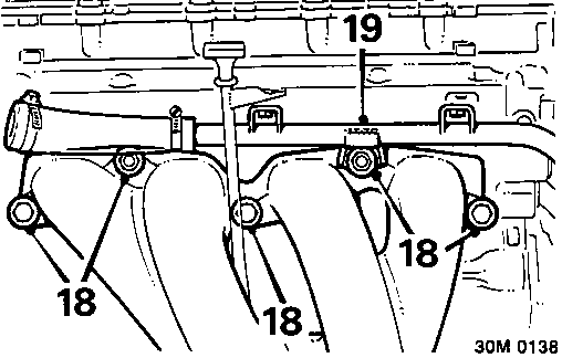 Diagram showing the exhaust manifold bolts and coolant rail bracket with callout numbers 18 and 19