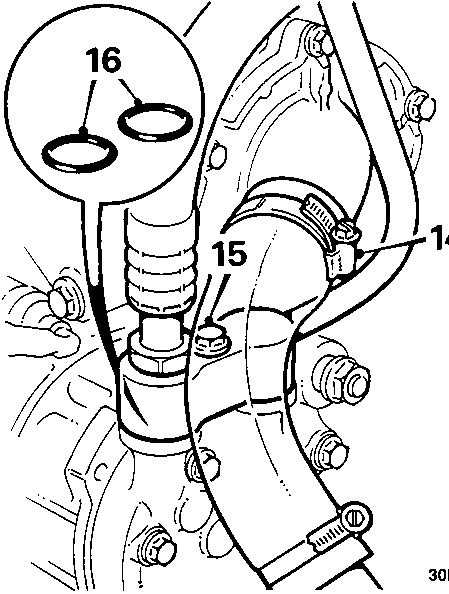 Diagram showing the air conditioning pipe manifold and coolant rail hose connection with callout numbers 14, 15, and 16