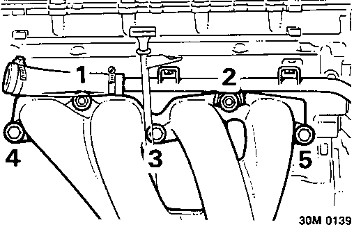 Diagram showing the tightening sequence for exhaust manifold nuts and bolts with callout numbers 1 through 5