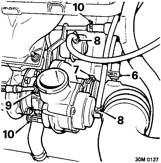 Diagram of turbocharger area showing breather hose (10), intake hose (8), vacuum hoses (6), oil feed pipe (7) and coolant hoses (9, 10)