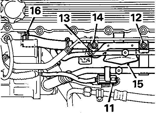 Diagram of engine area showing oxygen sensor multiplug (11), air conditioning pipe bracket (12), dipstick tube (13, 14), turbocharger hose heat shield (15) and coolant rail hose (16)