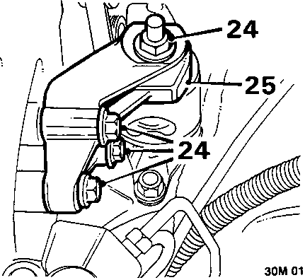 Diagram showing engine mounting bracket secured by bolts and nut, with callout numbers 24 and 25