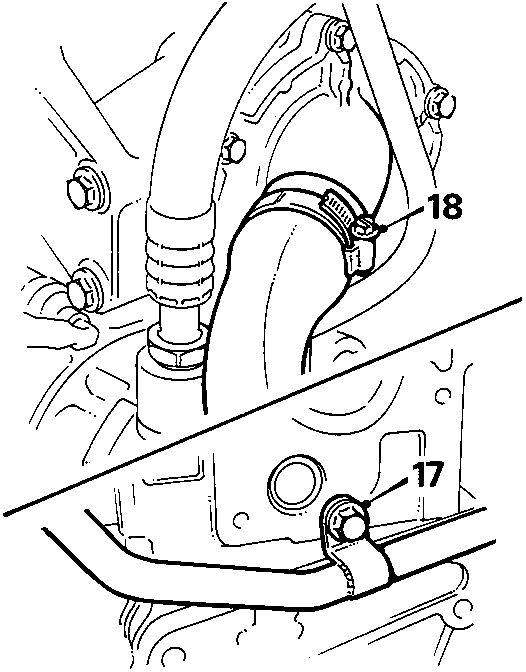 Diagram showing coolant rail hose and bolt securing it to cylinder head, with callout numbers 17 and 18