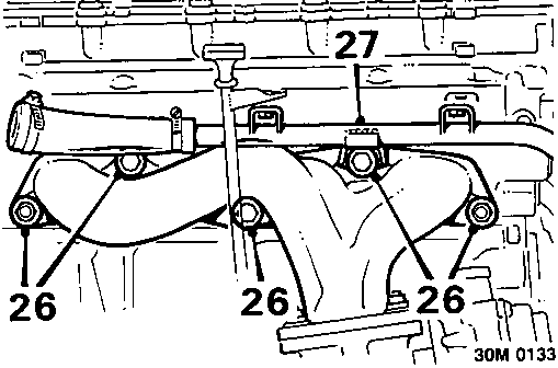 Diagram showing exhaust manifold assembly, coolant rail bracket, and turbocharger with callout numbers 26 and 27