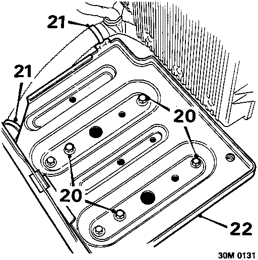 Diagram showing battery tray secured by bolts and harness clips, with callout numbers 20, 21, and 22