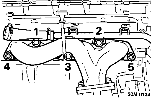 Diagram of exhaust manifold with numbered components 1 through 5