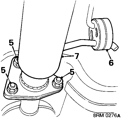 Diagram showing front pipe connection to catalytic converter with callout numbers 5, 6, 7