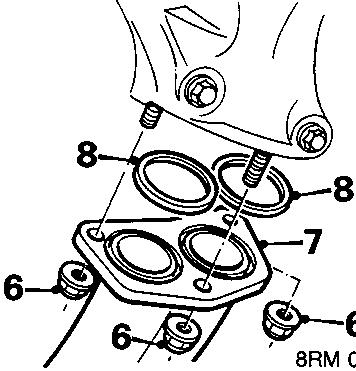 Exhaust manifold flange joint showing three nuts, gasket, and front pipe flange
