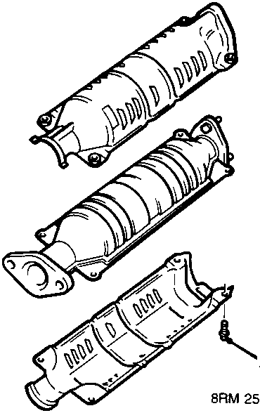 Exploded diagram of the catalytic converter assembly, showing the heat shield, converter body, and mounting hardware with callout number 8.