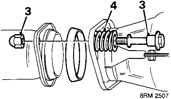 Diagram showing the connection between the front pipe and catalytic converter, with callout numbers 3 and 4 indicating nuts, bolts, and clamp springs.