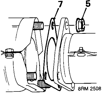 Diagram showing the catalytic converter mounting to the intermediate pipe, with callout numbers 5 and 7 indicating nuts and gaskets.