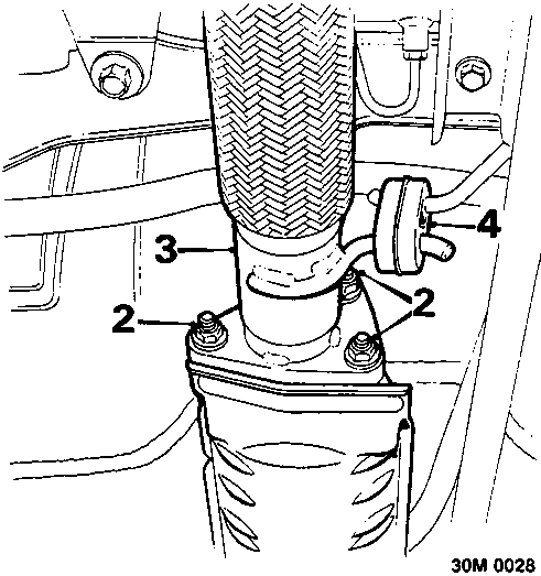 Diagram showing front pipe connection to catalytic converter with numbered callouts 2, 3, 4