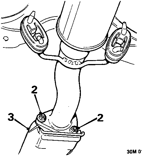 Diagram showing the catalytic converter assembly with callout numbers 2 and 3 identifying nuts and flange connections.