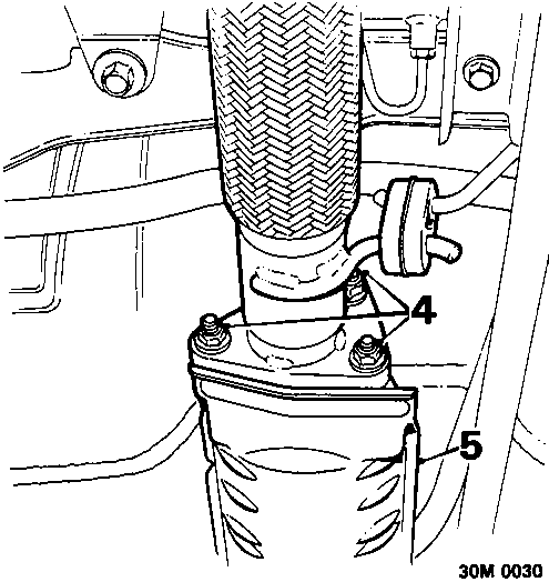 Diagram showing the catalytic converter connected to pipes with callout numbers 4 and 5 identifying nuts and flange connections.