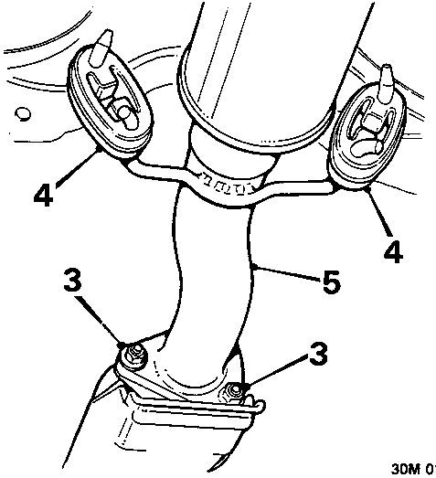Diagram of intermediate pipe connected to catalytic converter and tail pipe, callouts 3, 4, and 5 indicating nuts, flange bolts, and mounting rubbers.