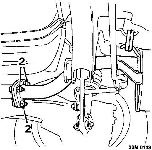 Diagram of intermediate pipe mounting on turbo model, callouts 2 pointing to tail pipe and mounting rubber connections.