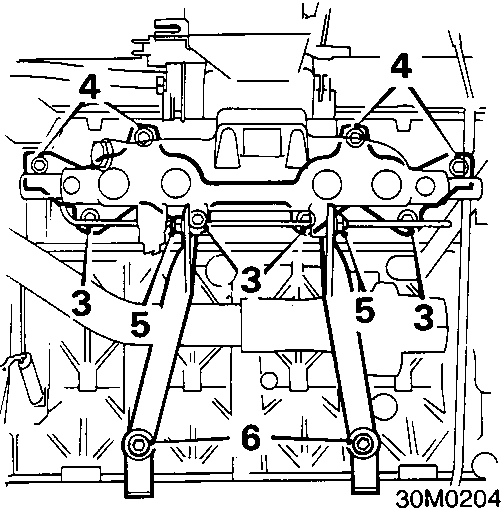 Diagram of inlet manifold assembly showing numbered bolts and studs securing it to the cylinder head and block