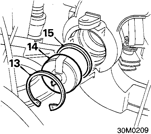 Diagram showing circclip, heater unit, and rubber seal on the inlet manifold, with callout numbers 13, 14 and 15.