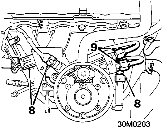 Diagram showing multiplug connections near the engine block, with callout numbers 8 and 9.
