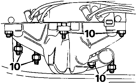 Diagram showing exhaust manifold secured to cylinder head with nuts labeled 10