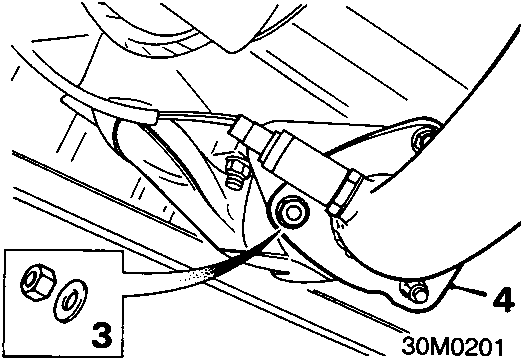 Diagram showing exhaust pipe connection to manifold flange with nuts and washers labeled 3 and 4