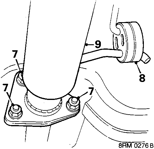 Diagram showing front pipe connection to catalytic converter with mounting rubber and nuts
