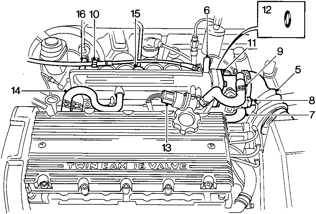 Engine diagram showing inlet manifold area with callout numbers 5 through 16