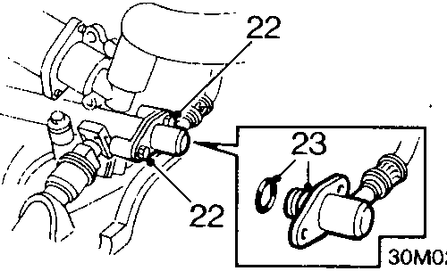Diagram showing bolts securing fuel feed pipe and release of fuel feed pipe from fuel rail