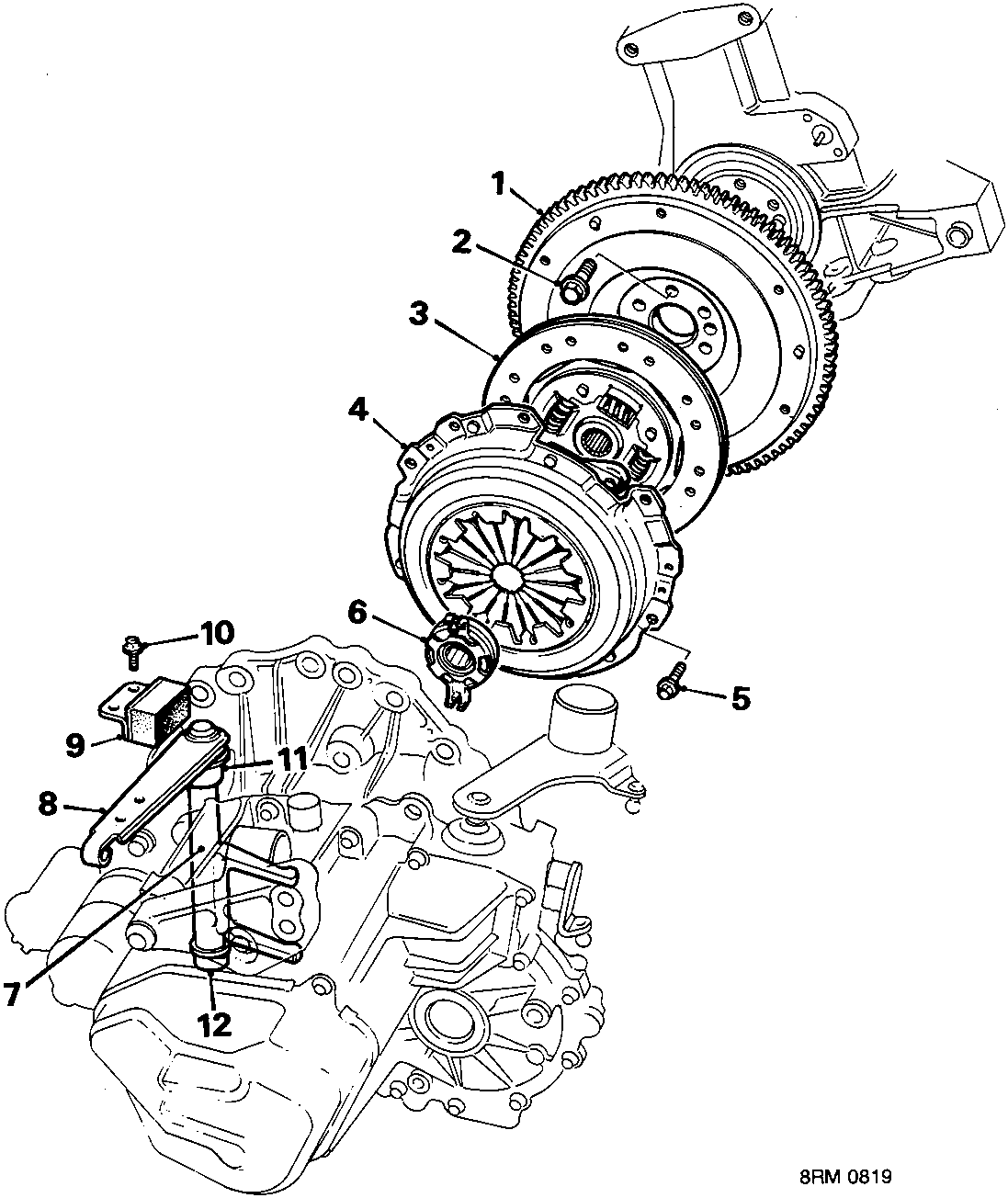 Exploded view diagram of the clutch assembly showing numbered components 1 through 12, including flywheel, pressure plate, clutch plate, release bearing, and release fork. Reference number 8RM 0819 is printed in the bottom right corner of the diagram.
