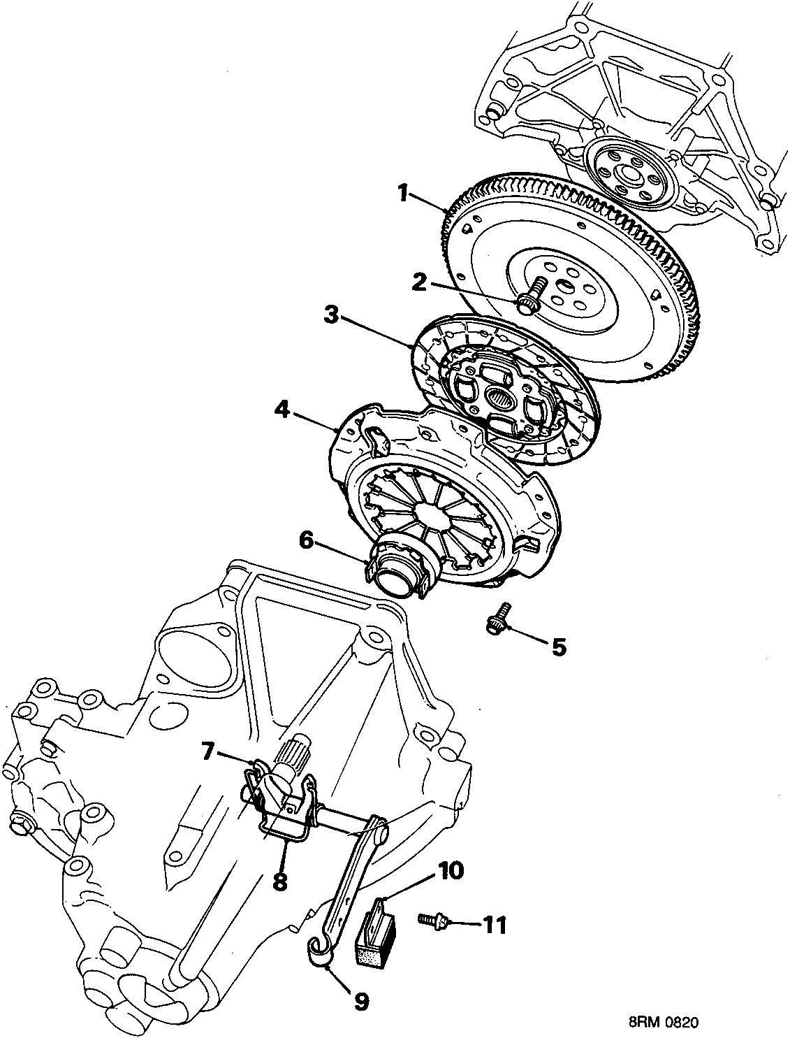 Exploded view diagram of clutch components including flywheel, clutch plate, pressure plate, release bearing, release fork, and mass damper with numbered callouts 1 through 11.