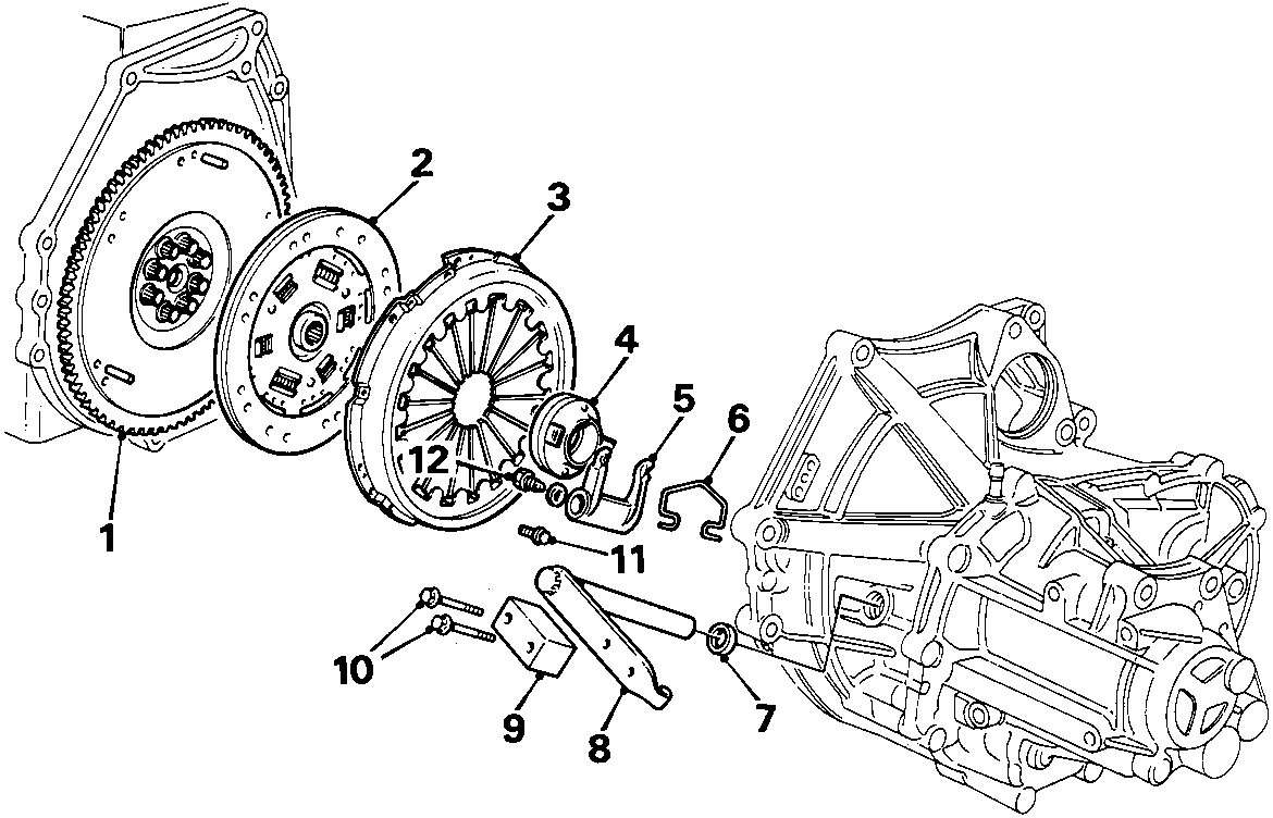 Exploded view diagram of the clutch assembly showing numbered components from the flywheel to the transmission input shaft.