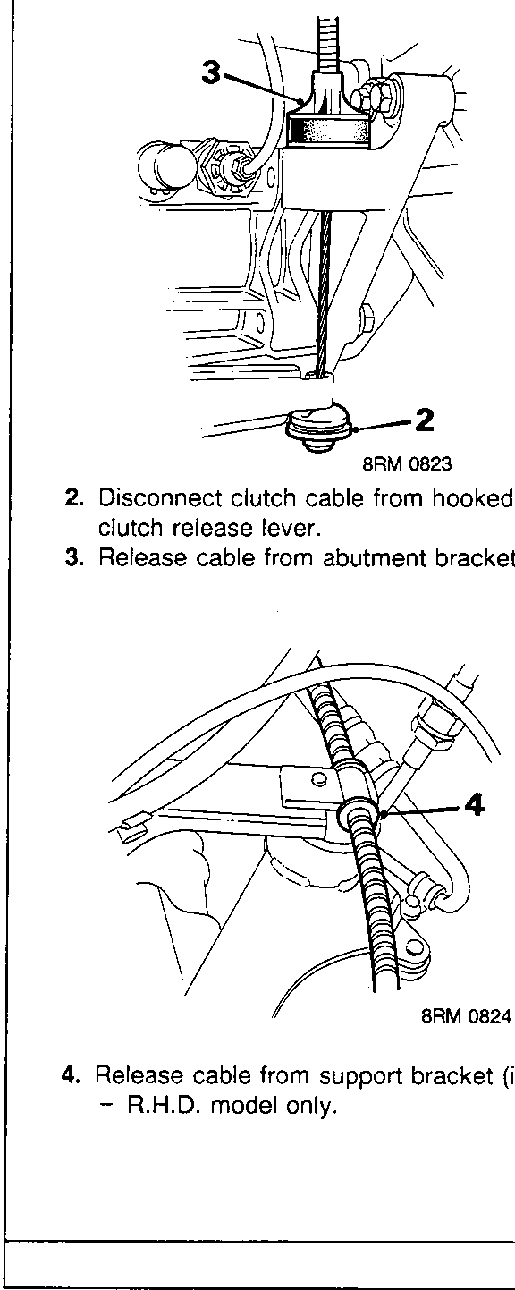 Diagram showing disconnecting clutch cable from hooked end of release lever and abutment bracket
