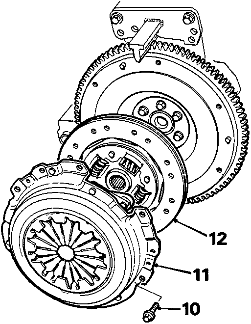 Exploded view of clutch assembly showing pressure plate, clutch plate, and flywheel with callout numbers 10, 11, and 12