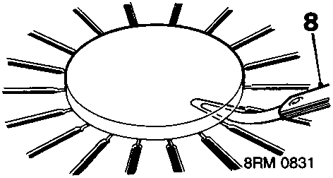 Diagram showing a circular flat plate placed across diaphragm fingers with a feeler gauge inserted at callout number 8