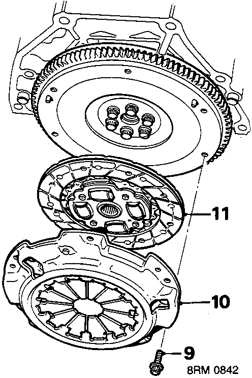 Exploded view of clutch assembly showing pressure plate, clutch plate, and flywheel with callout numbers 9, 10, and 11
