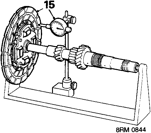 Diagram showing measurement of clutch plate run-out using a dial gauge mounted on a gearbox mainshaft