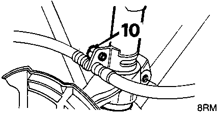 Diagram showing a bolt securing a brake hose bracket to a damper.