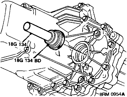 Diagram showing a new oil seal being located on tool 18G 134 and replacer 18G 134BD, positioned for installation into the housing.