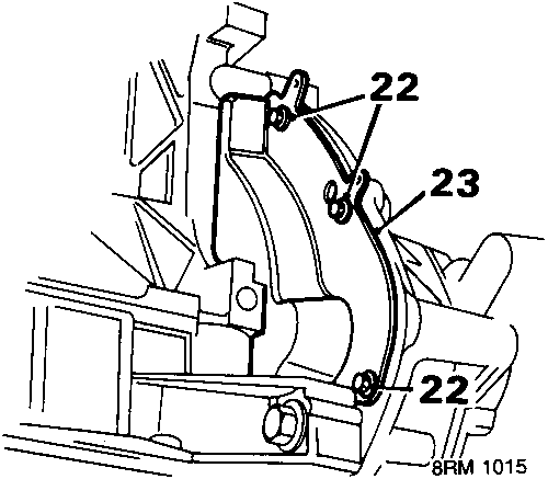 Diagram showing flywheel front cover plate secured by bolts, with callout numbers 22 and 23