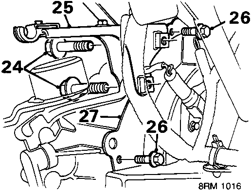 Diagram showing clutch cable support bracket and flywheel rear cover plate, with callout numbers 24, 25, 26 and 27