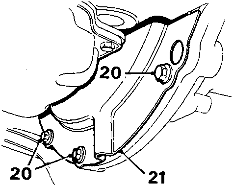 Diagram showing flywheel lower cover plate secured by bolts, with callout numbers 20 and 21