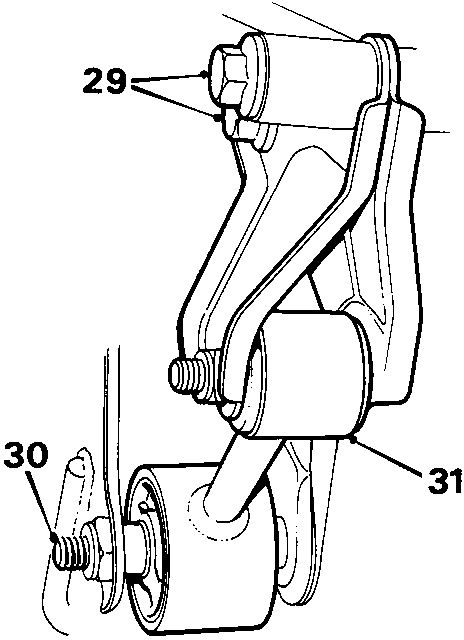 Diagram showing engine steady bar bracket bolts (29), body bracket bolt (30), and steady bar (31)
