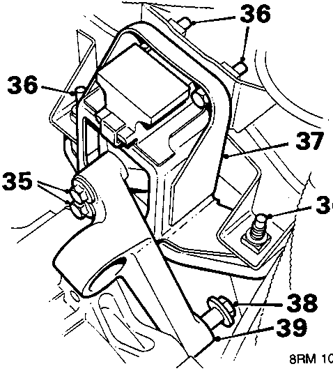 Diagram showing gearbox bracket bolts (36), L.H. mounting (37), bracket bolts (38), and bracket (39)