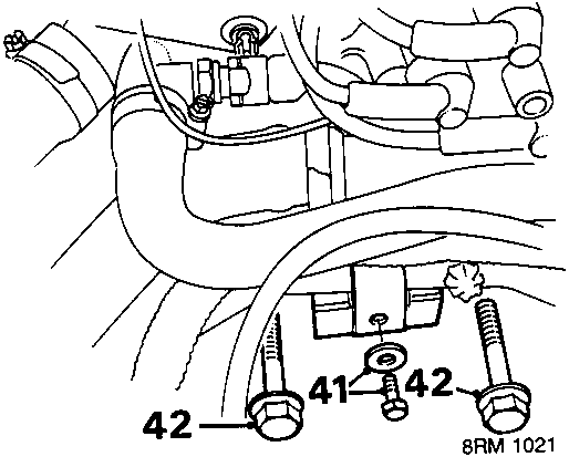 Diagram showing A/C pipe bracket bolt (41) and bracket bolts (42)